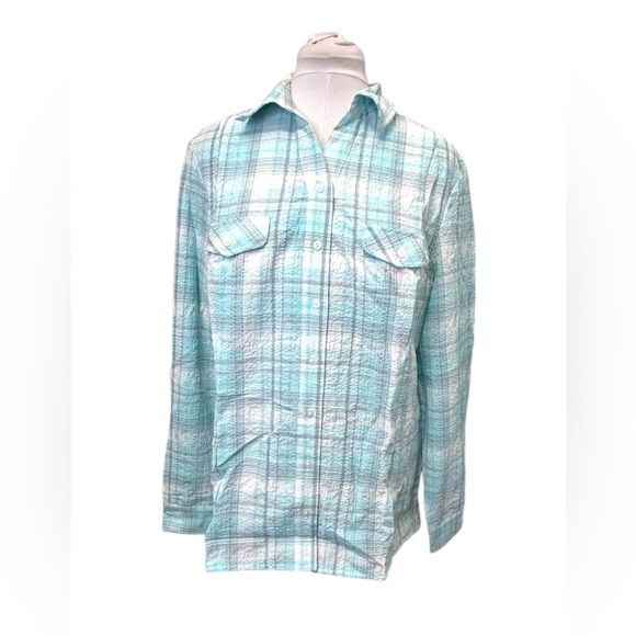 Orvis Women’s Long Sleeve Button Front Plaid Textured Shirt, Aqua, size L - Picture 1 of 10